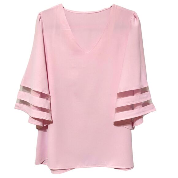 New Lantern Bell Sleeve Dusty Pink V Neck Blouse Top - Picture 2 of 12